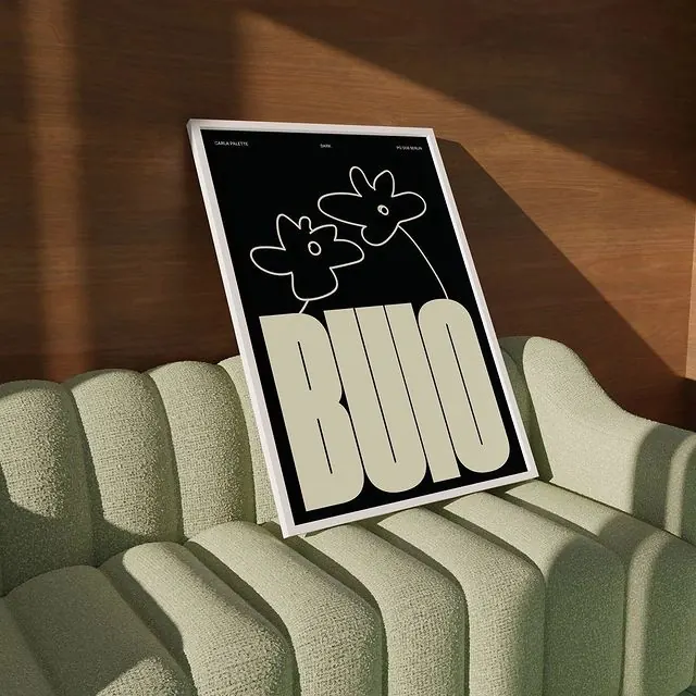 Retro 'BUND' poster on green sofa mockup, retro, flat, dark