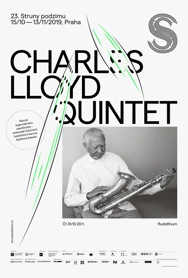 Charles Lloyd Quintet concert poster, editorial, line-art, dark