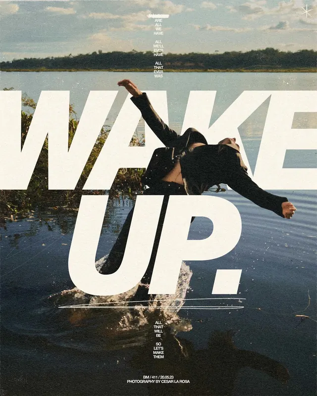 Large-scale editorial typography over landscape, editorial, minimal, dark