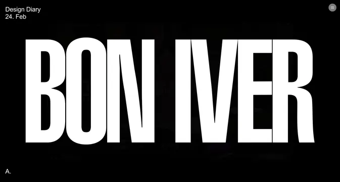 BON IVER" oversized monochrome title, minimal, monochrome, dark