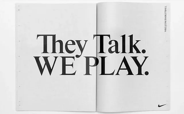 Nike "They Talk. We Play." book spread, minimal, editorial, light