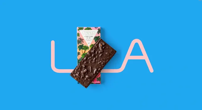 Compartes packaging with leaf pattern and pink typography frame, playful, colorful, vibrant