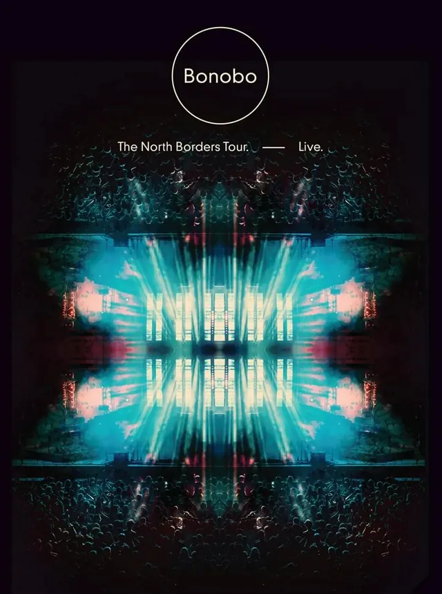 Bonobo festival poster with symmetrical light design, editorial, dark-mode, dark