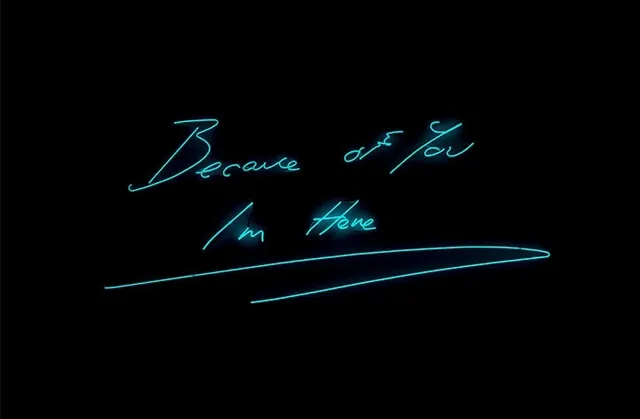 Cyan neon script "Because of You I'm Here, minimal, dark