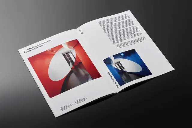 Magazine spread with red and blue minimalist photography, editorial, minimal, vibrant