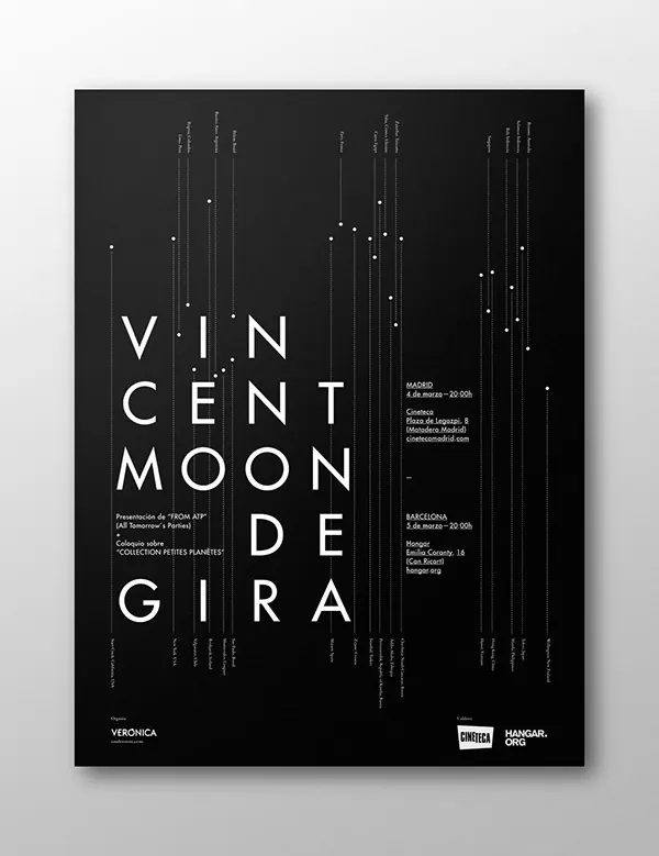 Contemporary art exhibition poster with vertical typography, editorial, swiss, dark