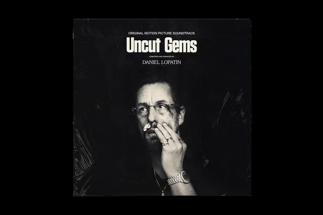 Movie soundtrack cover with moody portrait, photographic, editorial, monochrome