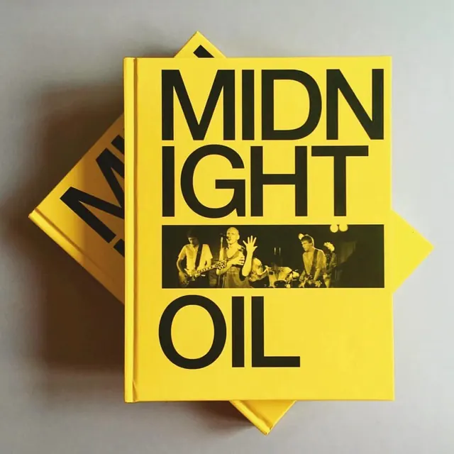 MIDNIGHT OIL book cover with neon yellow, gradient-heavy, bold, vibrant