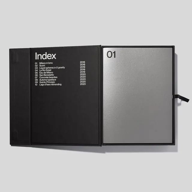 Typographic Index Page in Open Book, minimal, editorial, dark