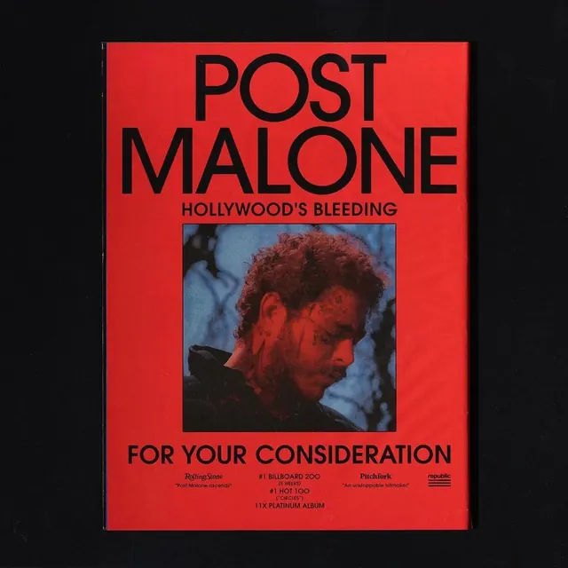 Post Malone Hollywood's Bleeding FYC poster, editorial, vibrant