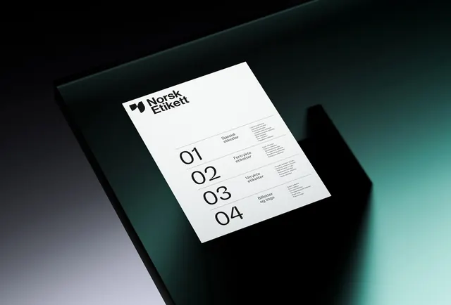 Norsk Etikett product-range sheet on glass, minimal, swiss, dark