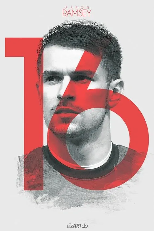 Aaron Ramsey portrait with bold red typography overlay, photographic, bold, dark