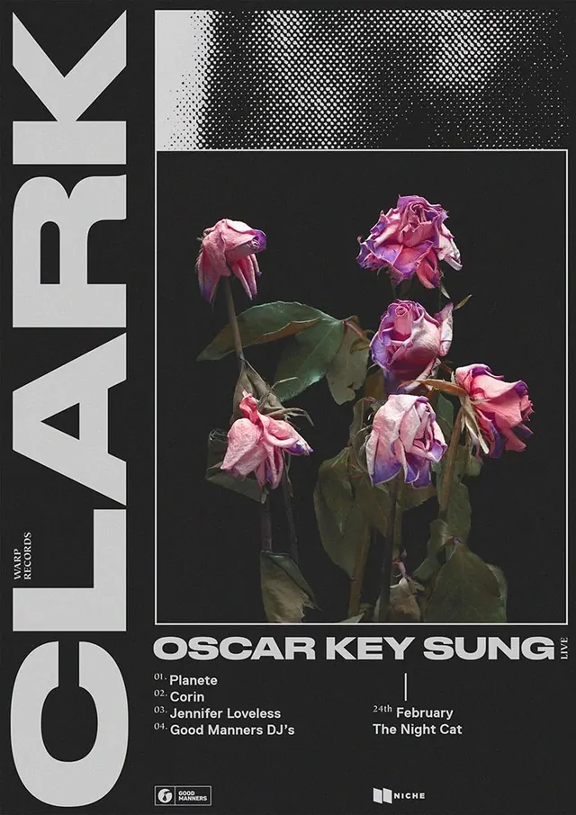 CLARK album poster with wilted roses, dark-mode, editorial, dark
