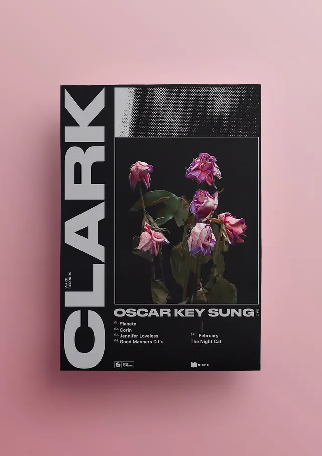 Clark tour poster with botanical imagery and typography, editorial, organic, warm