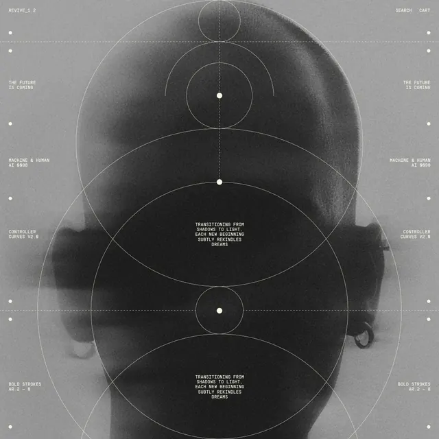 Geometric body diagram with circular overlays, technical, brutalist, monochrome