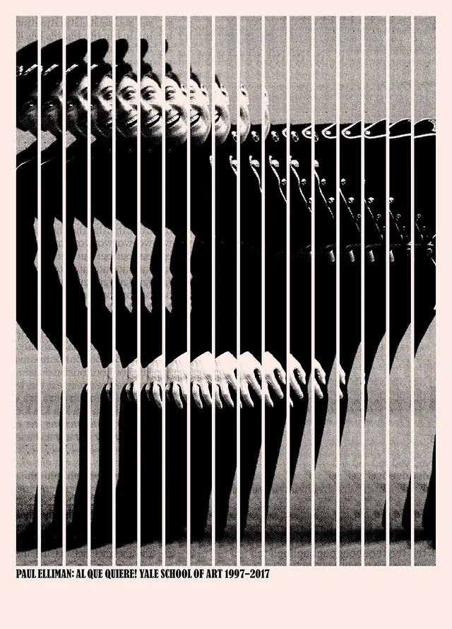 Paul Elliman poster with sliced portrait, editorial, graphic, monochrome