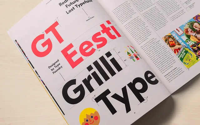 Magazine spread with oversized sans-serif typography, editorial, minimal, light