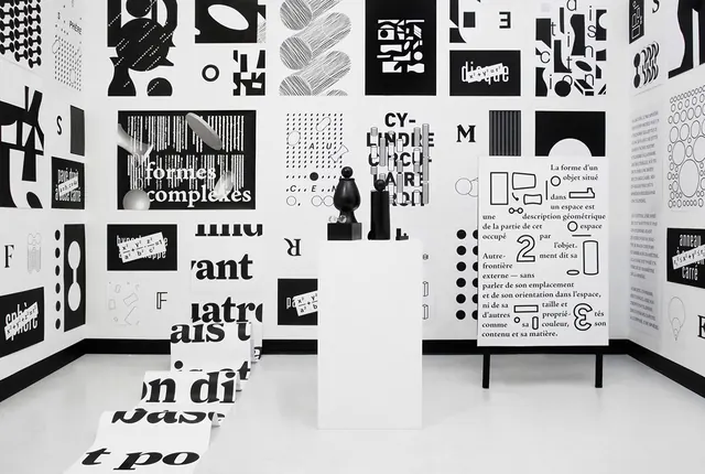 Exhibition design with mixed typography and graphic patterns, editorial, geometric, monochrome