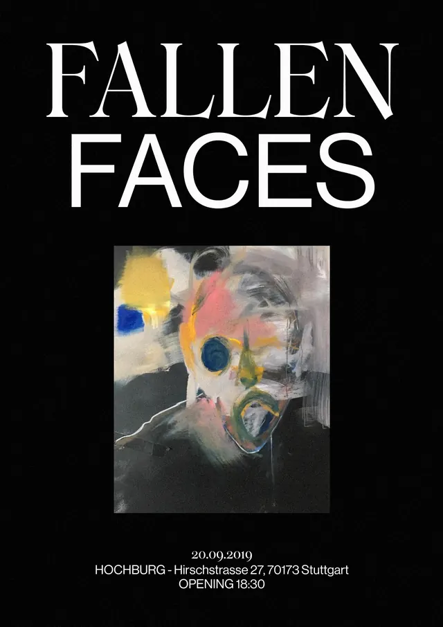 Fallen Faces exhibition poster, editorial, dark-mode, cool