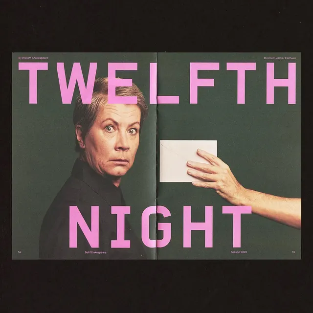 Twelfth Night theatrical program spread, editorial, brutalist, muted