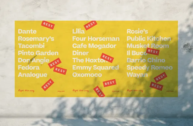 Three-column restaurant directory poster with red badges, editorial, playful, vibrant
