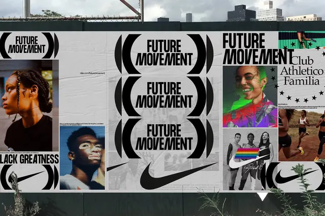 Nike Future Movement systematic identity murals, corporate-clean, geometric, monochrome