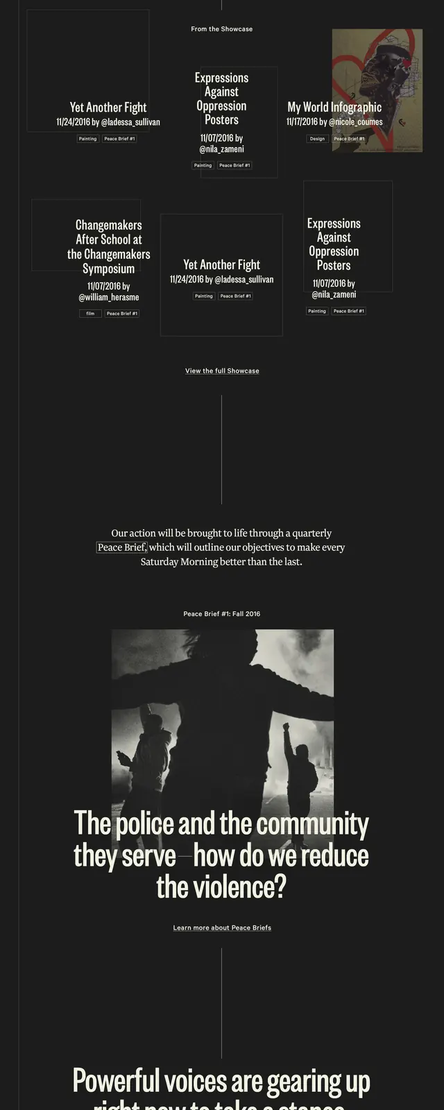 Dark portfolio or editorial layout with diverse content sections, editorial, dark-mode, monochrome