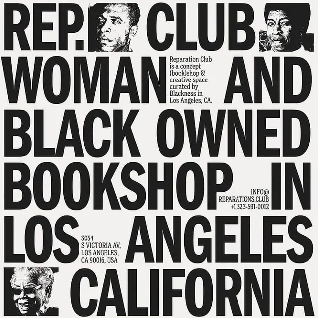 Reparation Club bookshop poster, editorial, minimal, high-contrast