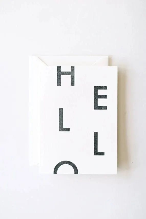 HELLO card with scattered type, minimal, geometric, light