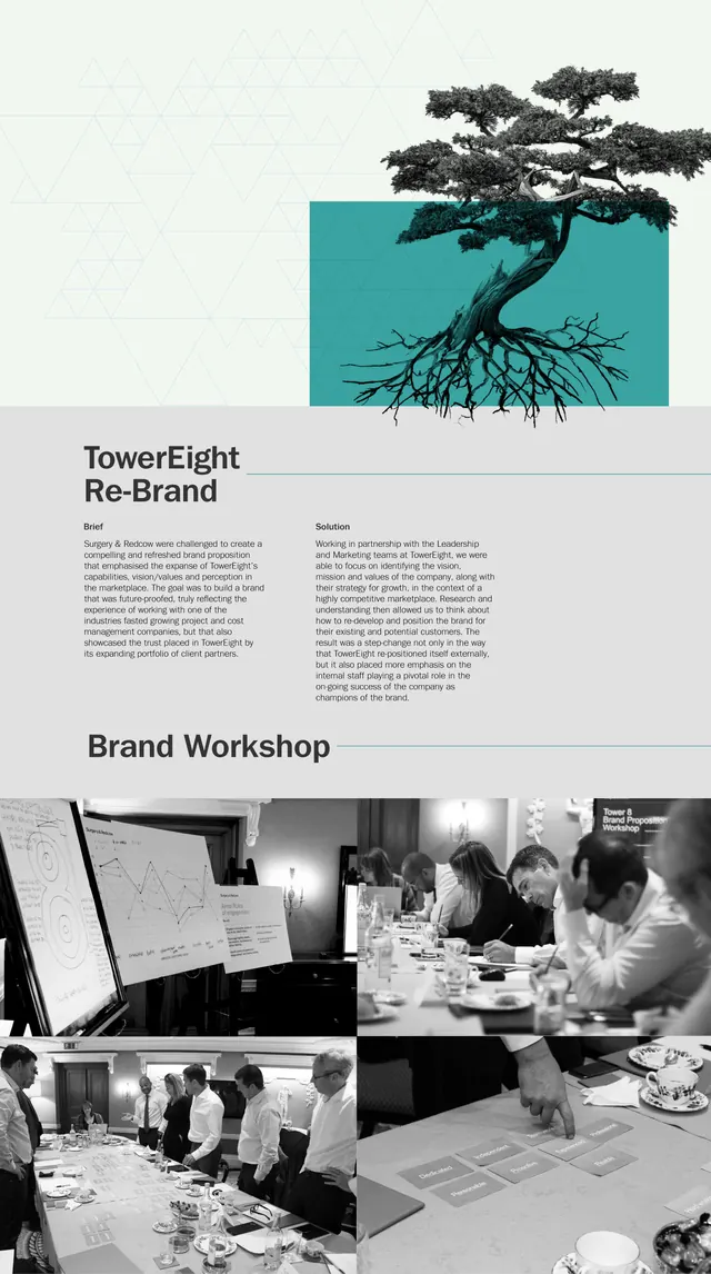 TowerEight brand refresh, editorial, corporate-clean, dark