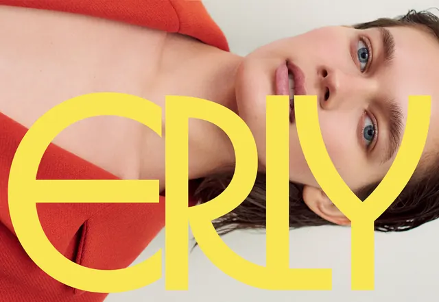 Beauty brand typography overlay, photographic, gradient-heavy, warm