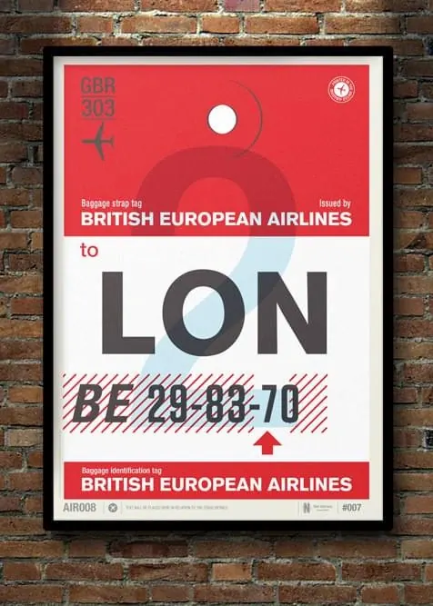 British European Airlines vintage luggage tag, minimal, swiss, dark