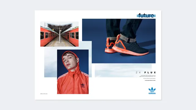 Adidas Originals campaign layout with asymmetric grid, editorial, geometric, vibrant