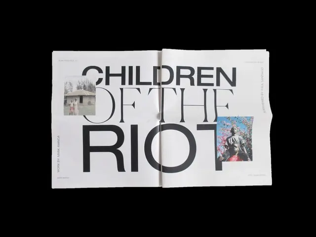 Editorial magazine spread with oversized typography, editorial, minimal, monochrome
