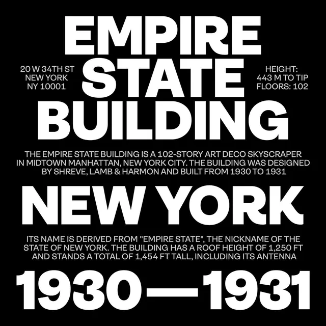 Empire State Building information poster, editorial, dark-mode, dark