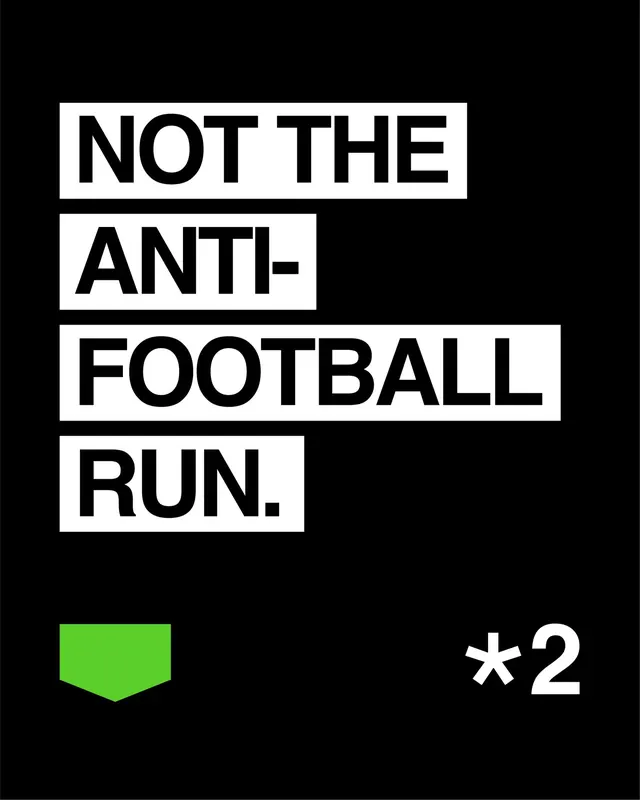 Anti-football run event poster, brutalist, dark-mode, dark