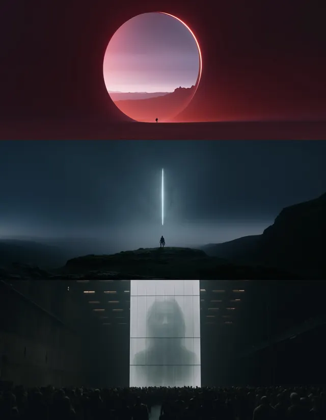 Cinematic Sci-Fi Light Triptych, dark-mode, 3d-render, dark