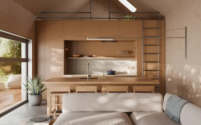 Wood-clad cabin interior render, minimal, organic, warm