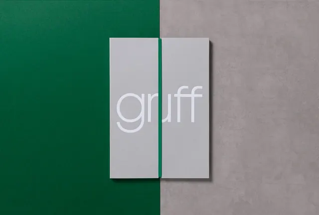 Gruff split-panel brand identity, minimal, corporate-clean, monochrome
