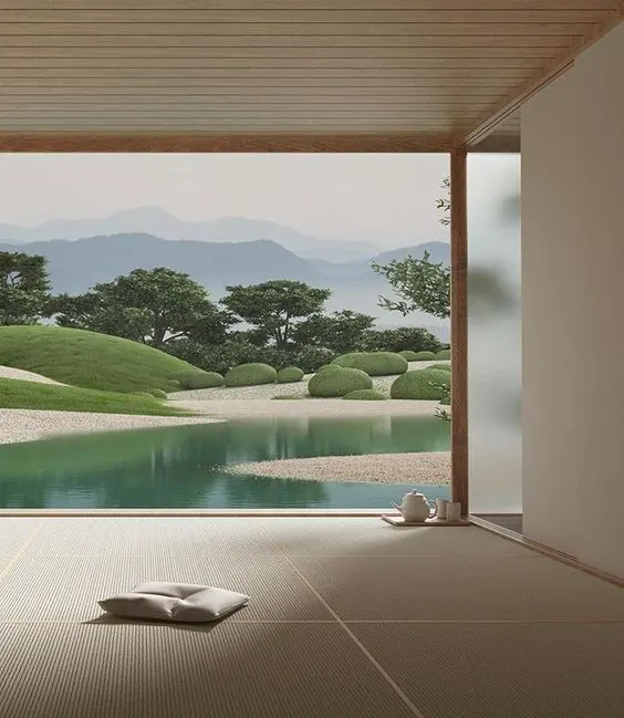 Japanese room opening to garden render, minimal, organic, muted