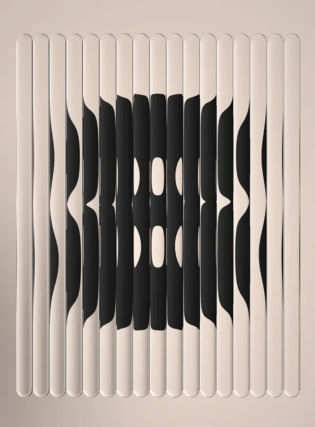 Kinetic layered paper installation, minimalist, organic, monochrome