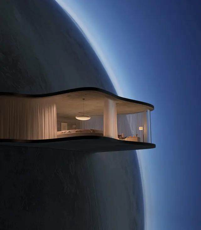 Cantilever room floating above Earth, 3d-render, minimal, cool