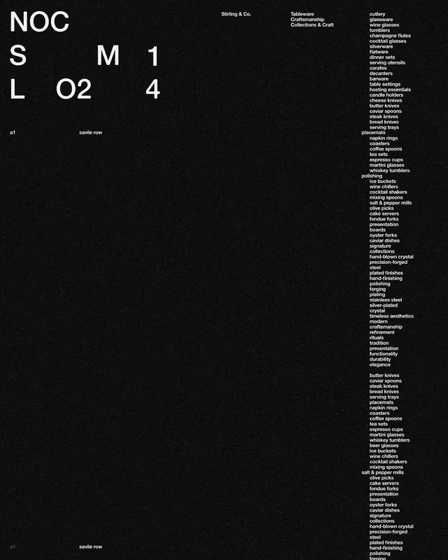 Stirling and Co typographic index page, minimal, editorial, dark