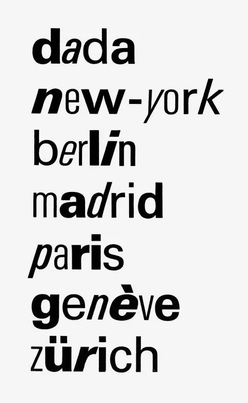 Dada city list with italic stutter, minimal, swiss, muted