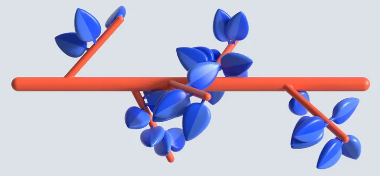 Orange branch with blue leaf clusters, 3d-render, minimal, vibrant