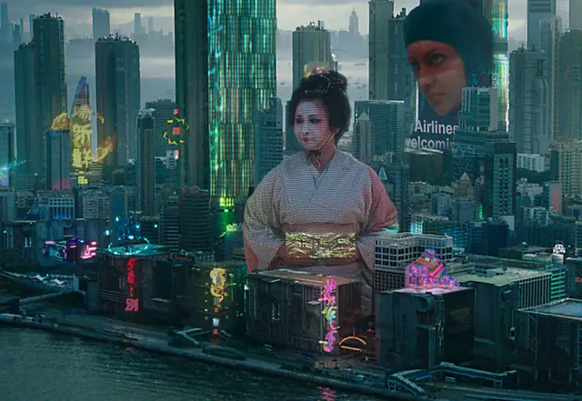 Ghost in the Shell hologram cityscape, 3d-render, dark-mode, dark