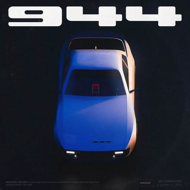 Reimagined Porsche 944 top-down render, 3d-render, minimal, dark