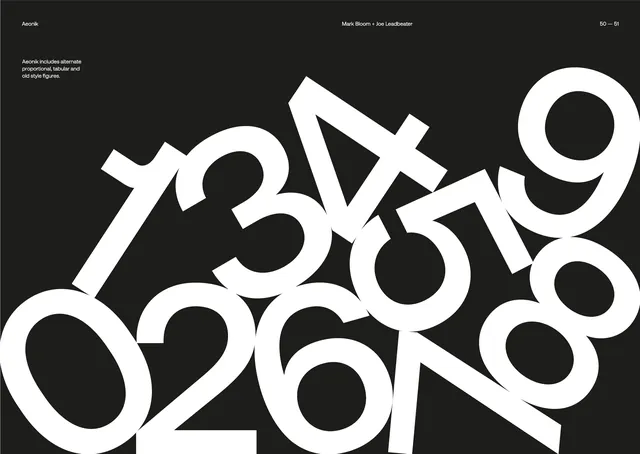 Aeonik numerals type specimen spread, minimal, swiss, dark