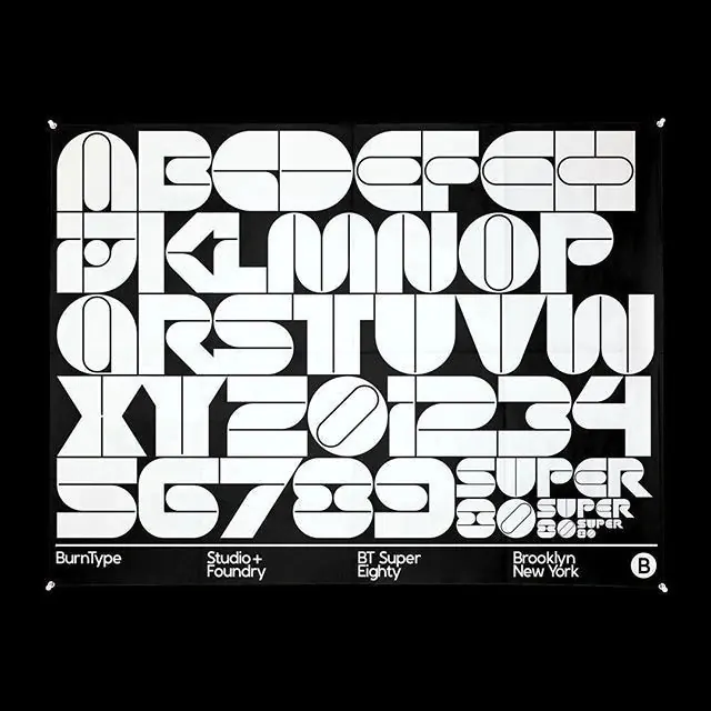 BT Super Eighty type specimen poster, brutalist, geometric, dark