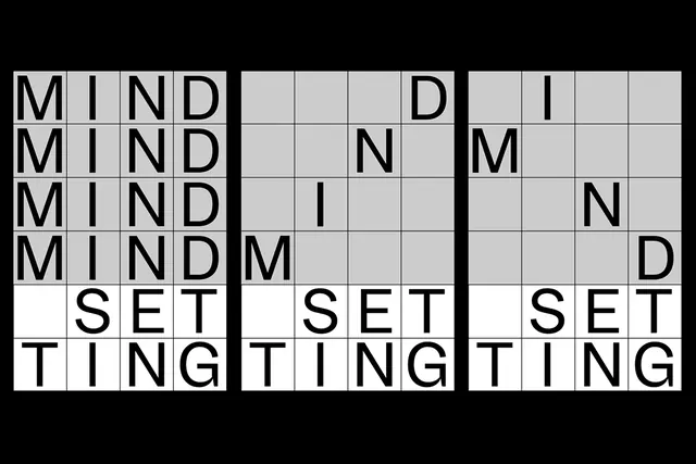 Type-based grid system with repeated words, geometric, technical, monochrome